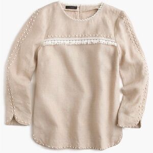 J Crew Linen Embroidered French Knot Oatmeal Tan White Top Blouse Size 6